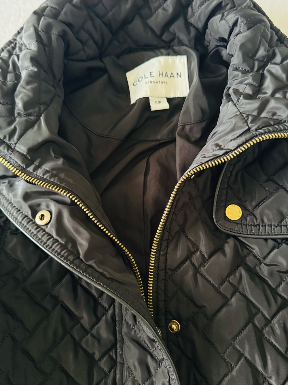 Cole Haan Black Quilted Puffer Jacket with Gold Hardware Size Small